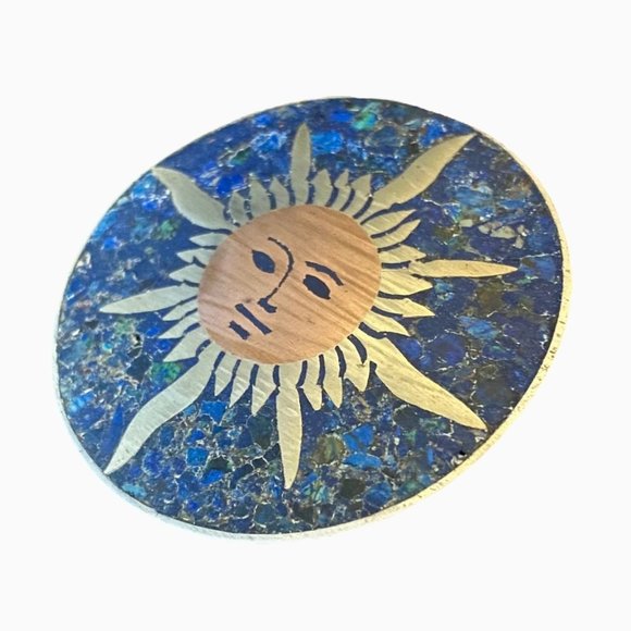 VTG Taxco Mexican Silver & Copper Sun Brooch with crushed Lapis/Turquoise - Picture 2 of 8